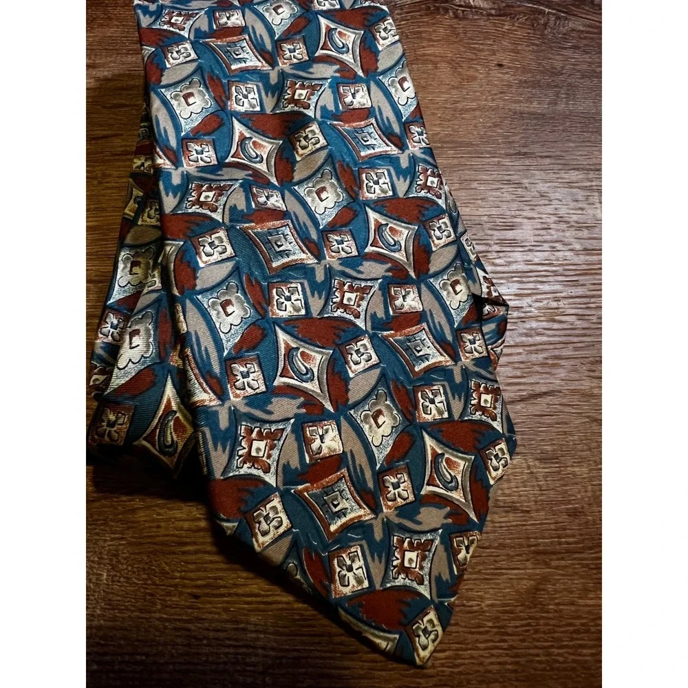 Saddlebred Geometric Abstract Necktie‎ Mens Blue Rust Tan EUC Classic Silk Blend